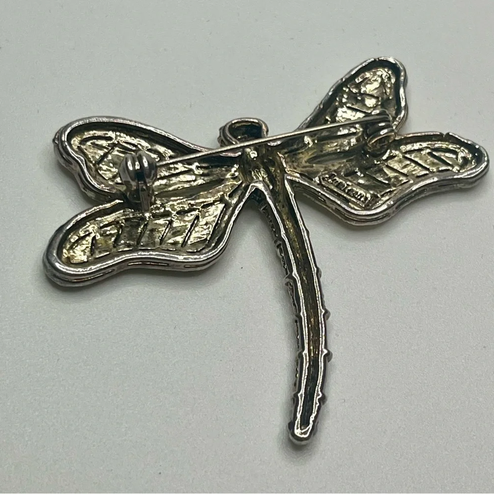 Dragonfly Brooch Silver tone Shiny Pin. Faux marcasite